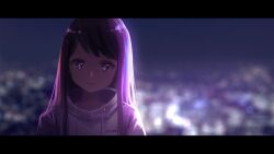 Rule 34 | 1girl, blurry, blurry background, cityscape, closed mouth, commentary, highres, hood, hoodie, hoshino ai (oshi no ko), letterboxed, long hair, night, oshi no ko, purple eyes, purple hair, solo, star-shaped pupils, star (symbol), symbol-shaped pupils, tornier, white hoodie