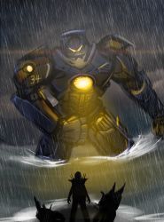 Rule 34 | 10s, cannon, chest cannon, crossover, directed-energy weapon, energy cannon, energy weapon, gipsy danger, glowing, highres, jaeger (pacific rim), jugem-t, kantai collection, legendary pictures, mecha, nuclear vortex turbine, ocean, pacific rim, pan pacific defense corps, rain, robot, ru-class battleship, science fiction, weapon