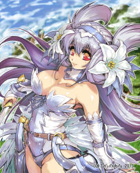 Rule 34 | 10s, 1girl, 2013, bare shoulders, blue hair, breasts, bridal gauntlets, character request, cleavage, dated, female focus, flower, hair flower, hair ornament, hairband, harem gain, hisahiko, large breasts, long hair, looking at viewer, official art, original, red eyes, smile, solo, sword, trademark, watermark, weapon