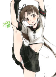 Rule 34 | 1girl, ayanami (kancolle), ayanami kai ni (kancolle), black sailor collar, black skirt, brown eyes, brown hair, commentary request, dated, kantai collection, long hair, looking at viewer, navel, one-hour drawing challenge, panties, pantyshot, pleated skirt, sailor collar, school uniform, serafuku, side ponytail, signature, simple background, skirt, solo, split, standing, standing on one leg, standing split, underwear, usami (50-point caliper), very long hair, white background, white panties