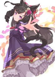 Rule 34 | 1girl, animal ears, ascot, black hair, bow, closed mouth, collared dress, commentary request, cowboy shot, daiichi ruby (umamusume), dress, flat chest, flower, frown, hair bow, hair flower, hair ornament, highres, horse ears, horse girl, horse tail, iam (tetsu0ekaki), juliet sleeves, long hair, long sleeves, looking at viewer, pantyhose, petticoat, pink eyes, puffy sleeves, purple dress, red ascot, simple background, solo, standing, tail, twitter username, umamusume, v-shaped eyebrows, white background, white pantyhose