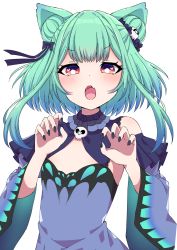 Rule 34 | 1girl, :o, animal ear fluff, animal ears, aqua hair, bare shoulders, blue dress, blue ribbon, bright pupils, cat ears, claw pose, cleavage cutout, clothing cutout, detached sleeves, double bun, dress, fang, flat chest, hair bun, hair ornament, hair ribbon, highres, hololive, kemonomimi mode, looking at viewer, nail polish, open mouth, purple nails, red eyes, ribbon, short hair, sidelocks, simple background, skin fang, skull hair ornament, solo, symbol in eye, tsukimirin, upper body, uruha rushia, uruha rushia (1st costume), virtual youtuber, white background, white pupils, wide sleeves