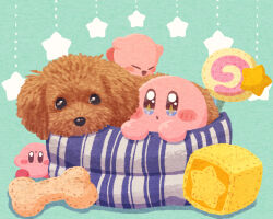Rule 34 | block (object), blue background, blue eyes, cartoon bone, closed eyes, dog, kirby, kirby (series), miclot, nintendo, no humans, open mouth, pet bed, simple background, sparkling eyes, star (symbol), stuffed toy