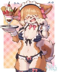 Rule 34 | 1girl, acky, animal ears, animal nose, bikini, black bikini, blush, body fur, border, bow, bowtie, breasts, brown hair, cherry, detached collar, dog ears, dog girl, dog tail, embarrassed, fangs, flying sweatdrops, food, frills, fruit, furry, furry female, hair over eyes, highres, horizontal-striped thighhighs, ice cream, large breasts, maid, maid bikini, maid headdress, multicolored fur, multicolored hair, navel, nervous sweating, original, outside border, paw pose, pawpads, pink bow, pink bowtie, side-tie bikini bottom, solo, strawberry, striped bikini, striped clothes, sundae, sweat, swimsuit, tail, thighhighs, tray, unconventional maid, white border, wrist cuffs