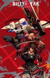 Rule 34 | 2boys, absurdres, belt, black belt, black gloves, black pants, black shirt, black tank top, blonde hair, blue eyes, blue gloves, brown hair, cape, copyright name, cropped jacket, fingerless gloves, gaak11977, gloves, grin, guilty gear, guilty gear strive, headband, highres, holding, holding sword, holding weapon, jewelry, ky kiske, long hair, multiple boys, muscular, muscular male, necklace, pants, partially fingerless gloves, pectorals, red background, shirt, short hair, smile, sol badguy, sword, tank top, weapon, white cape, white pants