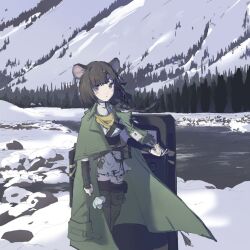 Rule 34 | 1girl, animal, animal ears, arknights, arm wrap, artist request, ballistic shield, black hair, blush, boots, braid, brown thighhighs, capelet, coat, day, dress, feet out of frame, flower, green capelet, green coat, green eyes, green footwear, grey flower, hair ornament, hairclip, holding, holding animal, holding flower, lanyard, long hair, looking at viewer, lutonada (arknights), mouse (animal), mouse ears, mouse girl, open clothes, open coat, outdoors, parted lips, river, shield, short dress, short sleeves, snow, solo, standing, thigh boots, thighhighs, third-party source, tree, white dress, wind
