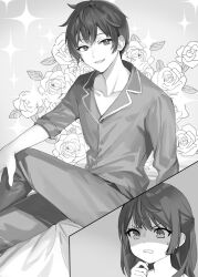 Rule 34 | 1boy, 1girl, bed sheet, chibi, chibi inset, clenched hand, collarbone, commentary request, crossed legs, disgust, floral background, greyscale, hand on own knee, hand up, highres, long hair, looking at viewer, masachika kuze, momoko (momopoco), monochrome, novel illustration, official art, open mouth, pants, second-party source, shirt, short hair, sitting, small sweatdrop, smile, solo focus, sparkle, suou yuki, teeth, tokidoki bosotto roshia-go de dereru tonari no arya-san