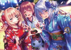 Rule 34 | 3girls, absurdres, blonde hair, blue eyes, blush, brown hair, closed eyes, day, fingernails, floral print, hair ornament, hanikami kanojo, heart, heart hands, heart hands duo, highres, holding, huge filesize, japanese clothes, kimono, lips, long hair, long sleeves, looking at viewer, mole, mole under eye, mole under mouth, multiple girls, obi, one eye closed, open mouth, outdoors, paintbrush, piromizu, sash, scan, smile, wide sleeves