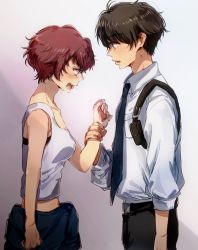 Rule 34 | 10s, 1boy, 1girl, aldnoah.zero, blue necktie, brown eyes, brown hair, clothes around waist, holding another&#039;s wrist, holster, jumpsuit, jumpsuit around waist, kaizuka inaho, looking down, midriff, military, military uniform, necktie, purple eyes, rayet areash, red hair, shirt, shokupa (skp300), short hair, shoulder holster, sleeves rolled up, tank top, tears, uniform, white shirt