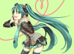 Rule 34 | 1girl, bad id, bad pixiv id, blue eyes, blue hair, detached sleeves, hatsune miku, headset, heart, long hair, matching hair/eyes, miho (mi), necktie, one eye closed, skirt, smile, solo, thighhighs, twintails, vocaloid, wink