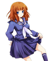 Rule 34 | blue eyes, kneehighs, orange hair, school uniform, short hair, skirt, socks, umineko no naku koro ni, ushiromiya eva