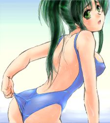 Rule 34 | 1girl, adjusting clothes, adjusting swimsuit, arched back, ass, back, casual one-piece swimsuit, green eyes, green hair, jochuu-san, leaning forward, looking back, lowres, matching hair/eyes, oekaki, one-piece swimsuit, open mouth, original, ponytail, solo, swimsuit, water, wedgie, wet, yagisaka seto