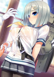 Rule 34 | 10s, 1boy, 1girl, admiral (kancolle), bar censor, belt, black pantyhose, blue eyes, blush, breasts, censored, cum, cum on body, cum on breasts, cum on clothes, cum on upper body, dragonmaterial, gloved handjob, gloves, hair ornament, hair over one eye, hairclip, hamakaze (kancolle), handjob, hetero, highres, kantai collection, large breasts, nipples, pantyhose, penis, personification, pointy breasts, school uniform, see-through, serafuku, short hair, short sleeves, silver hair, skirt, smile, wet, wet clothes, white gloves
