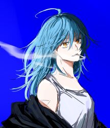 Rule 34 | 1girl, akao rion, arm tattoo, bare shoulders, black jacket, blue background, blue hair, breasts, highres, jacket, light smile, long hair, medium breasts, open clothes, open jacket, rokuen skd, sakamoto days, sleeveless, smoke trail, smoking, solo, tattoo, yellow eyes
