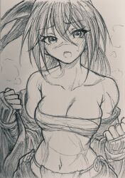 Rule 34 | 1girl, breasts, chest sarashi, clothing request, commentary request, graphite (medium), greyscale, hair between eyes, isekai samurai, japanese clothes, long hair, looking at viewer, medium breasts, midriff, mimasato, monochrome, navel, open mouth, sarashi, scar, scar on face, scar on nose, scar on stomach, solo, sweat, teeth, traditional media, tsukitsuba ginko, undressing, upper body, upper teeth only, very long hair