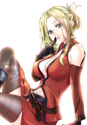 Rule 34 | 1girl, arm support, backlighting, bare shoulders, belt, black gloves, blonde hair, blue eyes, breasts, brown belt, cleavage, covered erect nipples, detached sleeves, final fantasy, final fantasy viii, finger to mouth, folded ponytail, glasses, gloves, grey thighhighs, head tilt, index finger raised, large breasts, long hair, long sleeves, looking at viewer, navel, open mouth, orange skirt, quistis trepe, semi-rimless eyewear, simple background, skirt, sleeveless, solo, teeta j, thighhighs, under-rim eyewear, white background, zettai ryouiki