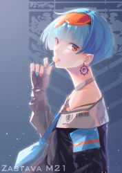 Rule 34 | 1girl, absurdres, arm at side, black nails, blue background, blue hair, blue nails, blue necktie, blunt bangs, candy, character name, earrings, fingerless gloves, food, girls&#039; frontline, gloves, goggles, goggles on head, hand up, highres, jewelry, lollipop, migime no yuugure, nail polish, necktie, red eyes, red nails, short hair, solo, upper body, zas m21 (girls&#039; frontline)