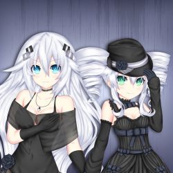 Rule 34 | 2girls, absurdres, bare shoulders, black dress, black hat, black heart (neptunia), black sister, blue eyes, breasts, commentary, covered navel, detached sleeves, dress, drill hair, fedora, gloves, green eyes, hat, highres, lolita fashion, long hair, looking at viewer, medium breasts, mixed-language commentary, multiple girls, neptune (series), noire (neptunia), power symbol, power symbol-shaped pupils, rhapsofree, see-through, siblings, sisters, small breasts, smile, symbol-shaped pupils, twin drills, uni (neptunia), upper body, white hair
