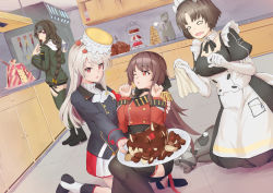 Rule 34 | 0 0, 4girls, ash arms, braid, brown hair, cake, character request, commentary request, eating, elbow gloves, food, food on head, gloves, kitchen, kneeling, long hair, maid, maid headdress, multiple girls, object on head, one eye closed, open mouth, plate, thighhighs, twin braids
