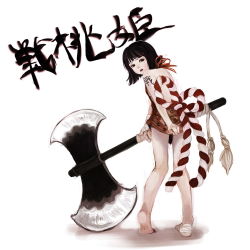 Rule 34 | 1girl, axe, back, bandages, barefoot, black hair, covering privates, covering ass, double bladed axe, from behind, full body, genderswap, genderswap (mtf), huge weapon, kouhaku nawa, mak (kainemaru), one piece, over shoulder, rope, scar, sentoumaru, shimenawa, short hair, simple background, solo, standing, tattoo, translation request, weapon