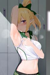 Rule 34 | 1girl, arm up, armpit lips, armpits, bare shoulders, black choker, black shorts, blonde hair, blush, bow, breasts, chloe (princess connect!), chloe (school festival) (princess connect!), choker, clothes around waist, collared shirt, commentary, cowboy shot, green bow, green jacket, groin, gym uniform, hair between eyes, hair bow, high ponytail, highres, indoors, jacket, jacket around waist, locker, locker room, long hair, looking at viewer, medium breasts, midriff, navel, nose blush, official alternate costume, parted lips, plaid, plaid bow, pointy ears, presenting armpit, princess connect!, purple eyes, ringo no tart, shadow, shirt, shorts, sidelocks, sleeves rolled up, solo, standing, steam, sweat, tied shirt, wet, wet clothes, wet shirt, white shirt