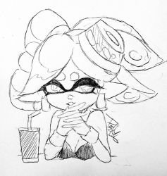 Rule 34 | 1girl, bare shoulders, bendy straw, breasts, cleavage, cross-shaped pupils, cup, detached collar, drinking straw, earrings, hands up, inkling, interlocked fingers, isamu-ki (yuuki), jewelry, marie (splatoon), medium breasts, monochrome, nintendo, non-web source, parted lips, pointy ears, short hair, simple background, solo, splatoon (series), splatoon 1, suction cups, symbol-shaped pupils, tentacle hair, traditional media, white background