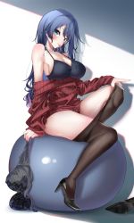 Rule 34 | 1girl, aqua eyes, ball, black bra, black camisole, black footwear, blue hair, blush, bra, unworn bra, breasts, brown pantyhose, camisole, cleavage, closed mouth, clothes pull, collarbone, commentary, covered erect nipples, exercise ball, full body, hair ornament, hairclip, high heels, highres, holding, holding bra, holding clothes, holding underwear, knee up, komupi, large breasts, long hair, looking at viewer, original, pantyhose, pantyhose pull, partially undressed, red sweater, ribbed sweater, shade, shadow, shoes, sideboob, simple background, single shoe, sitting, smug, solo, sweater, sweater pull, thighs, tongue, tongue out, underwear, white background