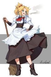 Rule 34 | 1girl, absurdres, alternate costume, apron, ascot, belt, black skirt, blonde hair, boots, braid, breasts, brooch, broom, character name, cigarette, collared dress, dress, english text, enmaided, f.k (hs225kr), fate/apocrypha, fate (series), french braid, frills, full body, green eyes, hair ornament, hair scrunchie, hand on own hip, highres, holding, holding broom, jewelry, juliet sleeves, long dress, long hair, long skirt, long sleeves, looking to the side, maid, medium hair, mordred (fate), mordred (fate/apocrypha), open mouth, ponytail, puffy sleeves, red scrunchie, scrunchie, skirt, small breasts, smile, smoke, smoking, solo, standing, white background