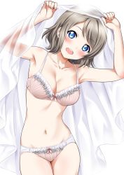 Rule 34 | 1girl, armpits, blue eyes, blush, body blush, bow, bow bra, bow panties, bra, breasts, brown hair, cleavage, collarbone, commentary request, groin, head tilt, looking at viewer, love live!, love live! sunshine!!, medium breasts, nail polish, navel, open mouth, panties, round teeth, sankuro (agoitei), short hair, solo, standing, teeth, thighs, underwear, underwear only, veil, watanabe you