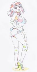 Rule 34 | 1girl, :d, absurdres, blush, breasts, brown eyes, brown hair, color trace, colored pencil (medium), commentary, elbow pads, from side, full body, girls und panzer, head tilt, headband, heel up, highres, knee pads, kondou taeko, light blush, looking at viewer, makicha (sasurainopink), medium breasts, medium hair, open mouth, red headband, red shirt, red shorts, red socks, shadow, shirt, shoes, short shorts, shorts, single vertical stripe, sleeveless, sleeveless shirt, smile, sneakers, socks, solo, sportswear, standing, traditional media, volleyball uniform, white footwear