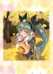 Rule 34 | 10s, 1girl, :q, anchovy (girls und panzer), aqua hair, autumn, autumn leaves, baozi, black coat, black footwear, black hairband, black ribbon, blurry, blurry background, blush, brown eyes, chromatic aberration, coat, day, depth of field, drill hair, food, foreshortening, girls und panzer, hair ribbon, hairband, highres, kabocha (monkey4), leaf, licking, loafers, long sleeves, looking at viewer, multicolored clothes, multicolored scarf, outdoors, pantyhose, ribbon, scarf, shoes, solo, steam, tongue, tongue out, twin drills, v-shaped eyebrows, white pantyhose