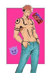 Rule 34 | 1boy, abs, adam&#039;s apple, alternate hairstyle, arm tattoo, bare arms, bare shoulders, bikkusama, black hair, black nails, border, buttons, candy, chest tattoo, closed mouth, collarbone, denim, extra eyes, eyebrows, facial tattoo, fingernails, food, food in mouth, forehead tattoo, hands in pockets, highres, jeans, jujutsu kaisen, looking at viewer, male focus, multicolored hair, nail polish, nipples, pale skin, pants, pectorals, pectorals, pink background, pink hair, pocket, red eyes, ryoumen sukuna (jujutsu kaisen), topless male, short hair, shoulder tattoo, simple background, standing, stomach tattoo, tattoo, two-tone background, two-tone hair, undercut, white background, white border
