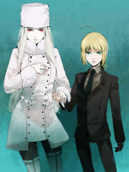 Rule 34 | 2girls, ahoge, artoria pendragon (all), artoria pendragon (fate), blonde hair, boots, coat, fate/zero, fate (series), formal, fur hat, green eyes, hat, height difference, irisviel von einzbern, multiple girls, necktie, pant suit, pants, pantyhose, reverse trap, saber (fate), suit, thigh boots, thighhighs, white hair, xiharah