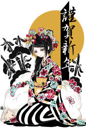 Rule 34 | 1girl, animal, bamboo, black eyes, black flower, black hair, black kimono, blue flower, braid, cherry blossoms, circle, closed mouth, fingernails, floral print, flower, ginkou (atmzh), hair flower, hair ornament, hairstyle request, happy new year, highres, japanese clothes, kimono, long hair, looking down, nail polish, new year, obi, original, own hands together, pink flower, red nails, sash, seiza, sheep, single braid, sitting, striped clothes, striped kimono, sun, swept bangs, too many flowers, two-tone kimono, vertical-striped clothes, vertical-striped kimono, white background, white kimono, yellow sash