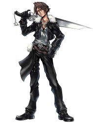 Rule 34 | 1990s (style), 1boy, belt, black footwear, black gloves, black jacket, black pants, blue eyes, boots, brown hair, dissidia final fantasy, final fantasy, final fantasy viii, full body, fur collar, fur trim, gloves, gunblade, hand on own hip, hip focus, jacket, jewelry, looking at viewer, male focus, multiple belts, necklace, nomura tetsuya, official art, pants, retro artstyle, scar, shirt, simple background, solo, squall leonhart, standing, weapon, white shirt