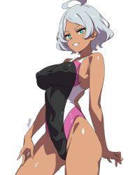 Rule 34 | 1girl, absurdres, ahoge, batta 16-sei, black one-piece swimsuit, breasts, commentary request, competition swimsuit, covered erect nipples, dark-skinned female, dark skin, green eyes, grey hair, gundam, gundam suisei no majo, highres, large breasts, looking at viewer, multicolored clothes, multicolored swimsuit, one-piece swimsuit, pink one-piece swimsuit, secelia dote, short hair, smile, solo, swimsuit, thighs, white swimsuit