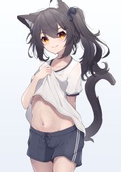 Rule 34 | 1girl, absurdres, animal ear fluff, animal ears, black hair, black shorts, brown eyes, cat ears, cat girl, cat tail, closed mouth, clothes lift, collarbone, gradient background, grey background, groin, gym shirt, gym shorts, gym uniform, hair between eyes, hair ornament, hairclip, highres, hinata (user rjkt4745), lifting own clothes, looking at viewer, navel, original, puffy short sleeves, puffy sleeves, shirt, shirt lift, short shorts, short sleeves, shorts, side ponytail, smile, solo, sweat, tail, white background
