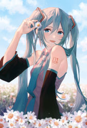 Rule 34 | 1girl, :d, bare shoulders, blue eyes, blue hair, blue nails, blue necktie, blurry, cloud, collared shirt, depth of field, detached sleeves, field, flower, flower field, from side, grass, grey shirt, hair between eyes, hand up, hatsune miku, highres, holding, holding flower, kaicggo, long hair, looking at viewer, nail polish, necktie, open mouth, outdoors, shirt, sky, smile, solo, twintails, upper body, vocaloid, white flower
