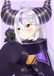 Rule 34 | 1girl, bird, blush, collar, commentary, crow, crow (la+ darknesss), ekakibito, hair between eyes, highres, hololive, holox, horns, la+ darknesss, la+ darknesss (1st costume), long hair, long sleeves, pointy ears, portrait, purple background, silver hair, simple background, striped horns, virtual youtuber, white background, yellow eyes