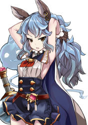 Rule 34 | 10s, 1girl, animal ears, armpits, arms up, blue hair, brown gloves, brown hair, rabbit ears, earrings, erune, ferry (granblue fantasy), gloves, granblue fantasy, jewelry, parted lips, pupps, simple background, solo, white background