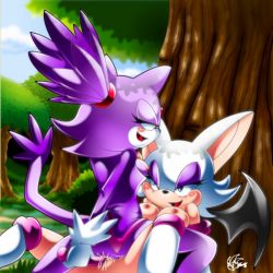 Rule 34 | 2girls, blaze the cat, blush, breasts, dildo, furry, multiple girls, nancher, naughty face, nipples, outdoors, rouge the bat, sega, sex, sex toy, smile, sonic (series), tagme, tail, tree, wings, yuri
