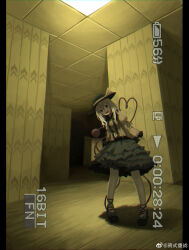 Rule 34 | 1girl, :d, absurdres, backrooms (creepypasta), battery indicator, black footwear, black hat, blouse, bow, buttons, ceiling light, chinese commentary, commentary, footwear bow, frilled sleeves, frills, full body, green bow, green eyes, green ribbon, green skirt, grey hair, hair between eyes, hat, hat bow, heart, heart of string, highres, indoors, komeiji koishi, long hair, long sleeves, looking at viewer, open mouth, recording, ribbon, shirt, shoes, skirt, smile, solo, standing, third eye, touhou, weibo logo, weibo watermark, wide sleeves, xii yashizhongzhan, yellow bow, yellow shirt
