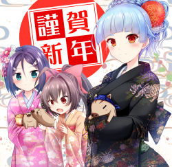 Rule 34 | 3girls, alternate hairstyle, animal, aqua hair, black kimono, blush, braid, brown hair, character request, closed mouth, commentary request, floral print, flower, furisode, garter straps, hair flower, hair intakes, hair ornament, hair ribbon, hair up, hairclip, hand up, highres, holding, holding animal, japanese clothes, kimono, long hair, looking at viewer, maritchi, multiple girls, new year, open mouth, pink kimono, pink ribbon, print kimono, purple hair, red eyes, ribbon, ring dream, sash, sidelocks, smile, standing, yellow kimono, yuki onna (ring dream)