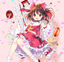 Rule 34 | 1girl, :d, ascot, bell, blurry, blurry foreground, bow, box, brown eyes, brown hair, confetti, daruma doll, detached sleeves, feet out of frame, frilled bow, frilled shirt collar, frilled sleeves, frills, gohei, hair bow, hair tubes, hakurei reimu, half updo, hinayuki usa, holding, jingle bell, knees together feet apart, lantern, looking at viewer, medium hair, midriff, nontraditional miko, open mouth, paper lantern, petticoat, pinching sleeves, pink background, red bow, red shirt, red skirt, ribbon-trimmed sleeves, ribbon trim, shirt, skirt, skirt set, smile, solo, torii, touhou, white legwear, wide sleeves, yellow ascot