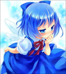 Rule 34 | 1girl, bad id, bad pixiv id, blue bow, blue dress, blue eyes, blue hair, blue theme, blush, bow, child, cirno, collared shirt, dress, embodiment of scarlet devil, female focus, gradient background, hair bow, hand on own chin, ice, ice wings, matching hair/eyes, neck ribbon, puffy short sleeves, puffy sleeves, red ribbon, ribbon, shirt, short hair, short sleeves, simple background, solo, touhou, white background, white shirt, wings