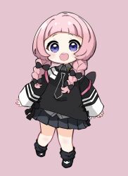 Rule 34 | 1girl, :d, black bow, black footwear, black shirt, black skirt, black socks, blush stickers, bow, braid, collared shirt, commentary, dress shirt, full body, grey shirt, hair bow, hair over shoulder, highres, long hair, long sleeves, looking at viewer, low twintails, nijisanji, nozo (hitomiz), open mouth, pink background, pink hair, pleated skirt, purple eyes, shirt, shoes, simple background, skirt, sleeves past wrists, smile, socks, solo, suo sango, teeth, twin braids, twintails, upper teeth only, virtual youtuber