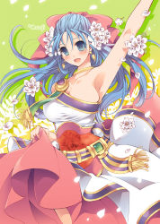Rule 34 | 1girl, arm up, armpits, bad id, bad pixiv id, blue eyes, blue hair, blush, bow, breasts, cleavage, dragon quest, dragon quest v, dress, earrings, flora (dq5), flower, green background, hair bow, hair flower, hair ornament, half updo, jewelry, kotoji, large breasts, long hair, matching hair/eyes, pink dress, skindentation, solo