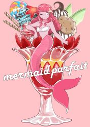 Rule 34 | 1girl, amamams, blunt bangs, breasts, candy, cleavage, english text, food, fruit, highres, ice cream, leaning, lollipop, long hair, melon, mermaid, monster girl, one eye closed, original, oversized food, oversized object, parfait, pink background, pink eyes, pink hair, shell, shell bikini, smile, solo, starfish, starfish hair ornament, strawberry, swirl lollipop, wavy hair