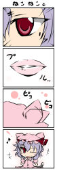 Rule 34 | 1girl, 4koma, animal ears, blush, cat ears, cat girl, cat tail, chibi, comic, ear wiggle, female focus, hat, kotaka, lips, looking at viewer, mob cap, musical note, one eye closed, red eyes, remilia scarlet, smile, solo, tail, touhou, wink