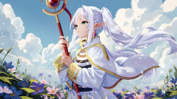 Rule 34 | 1girl, absurdres, alaya0130, belt, belt buckle, black belt, black shirt, blue flower, blue sky, buckle, capelet, closed mouth, cloud, cloudy sky, diffraction spikes, earrings, elf, expressionless, field, flower, flower field, frieren, gold trim, green eyes, highres, holding, holding staff, jewelry, light particles, long hair, long sleeves, looking ahead, mage staff, nemophila (flower), parted bangs, pointy ears, shirt, skirt, sky, solo, sousou no frieren, staff, striped, striped shirt, twintails, very long hair, white capelet, white hair, white shirt, white skirt
